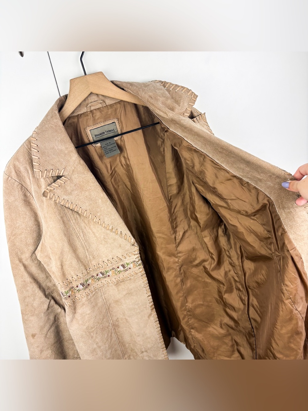 Vintage Western Whipstitch Floral Embroidered Suede Leather Jacket Coat Tan XL - Picture 7 of 9